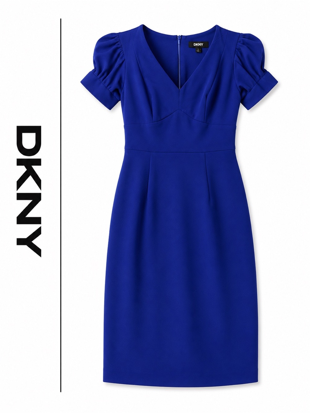 DKNY Royal Blue Sheath Dress Puff Sleeve V Neck Career Size 6